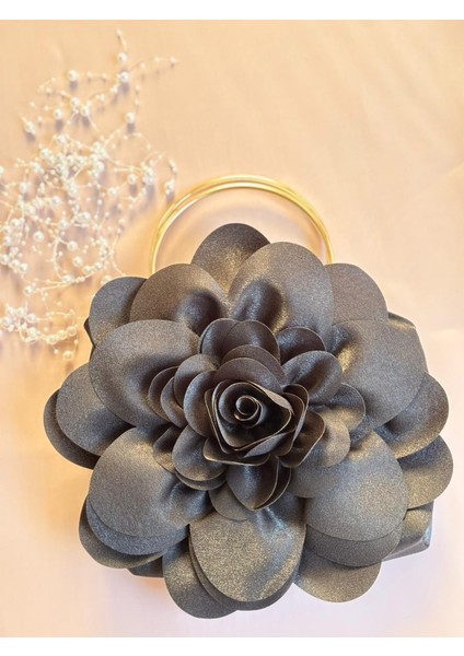 Siyah Kumaş Gold Metal Saplı Gül Çiçek Çanta El Çantası Abiye Günlük Şık Kadın Çantası modelleri