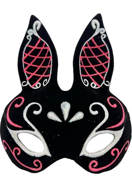 Siyah Renk Kırmızı Beyaz Simli Siyah Süet Kaplama Tavşan Maskesi 18X16 cm fiyatları