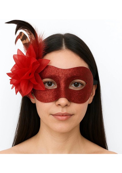 Kırmızı Renk Metalize Sim Görünümlü Parlak Tüylü Parti Maskesi 22X19 cm