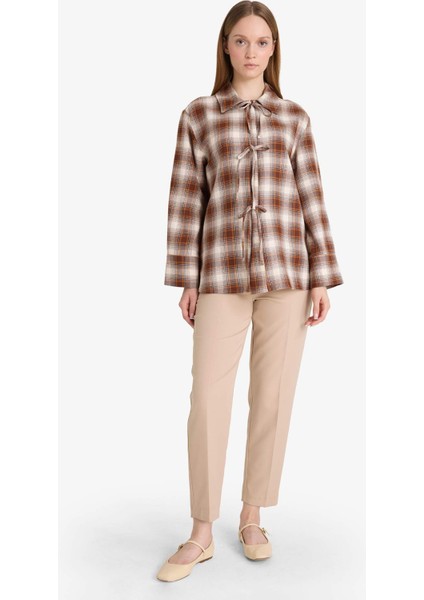 Regular Fit Dama Desenli Flanel Önden Bağlamalı Uzun Kollu Tunik fiyatları