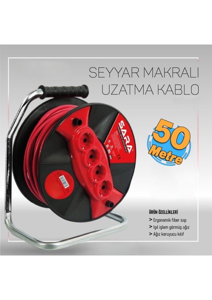 Profesyonel 50 Metre Plastik Makaralı Seyyar Cca Kablo 4 Priz Monofaze Uzatma 3x2,5 mm Kablo