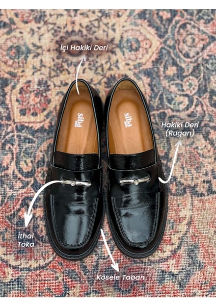 Delos Deri Toka Detaylı Siyah Rugan Kadın Loafer