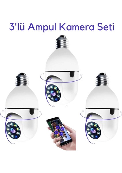 3 Lü Kamera Seti Kablosuz 360 Derece Panoramik Ampul Kamera Güvenlik Kamerası Gece Görüşlü Sesli ( Lisinya )