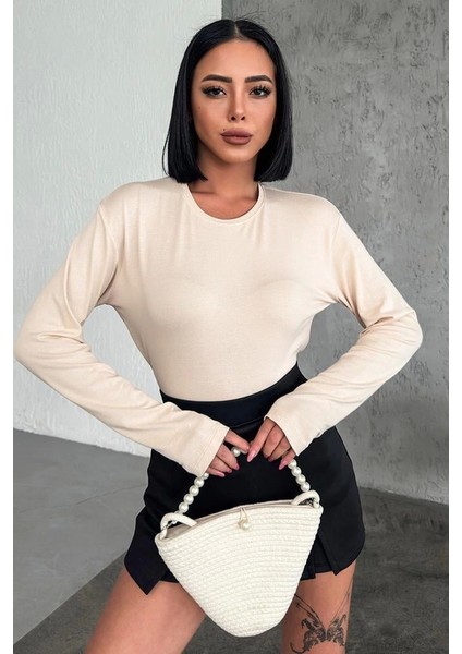 Rahat ve Şık Uzun Kollu Bisiklet Yaka Likralı Viskon Penye Body Bej ( Lisinya )