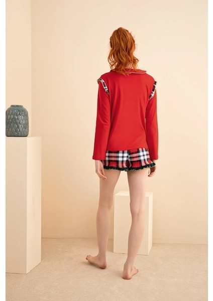 Kadın Nakışlı Şort Takım - Kırmızı