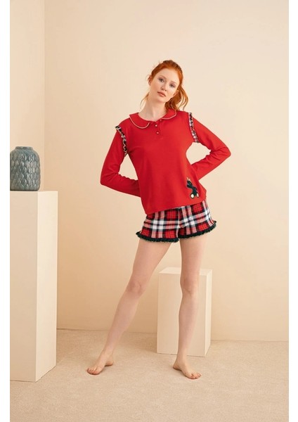 Kadın Nakışlı Şort Takım - Kırmızı fiyatları