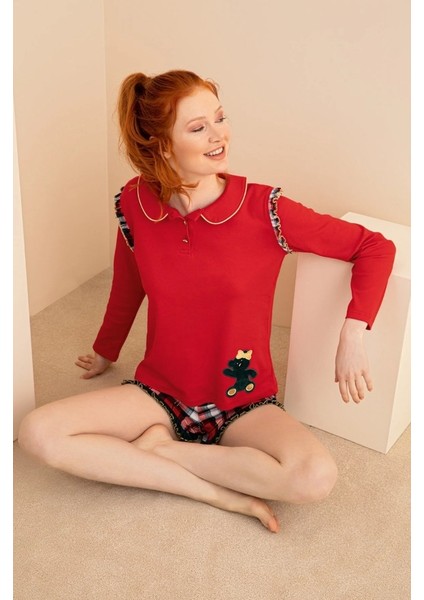 Kadın Nakışlı Şort Takım - Kırmızı modelleri