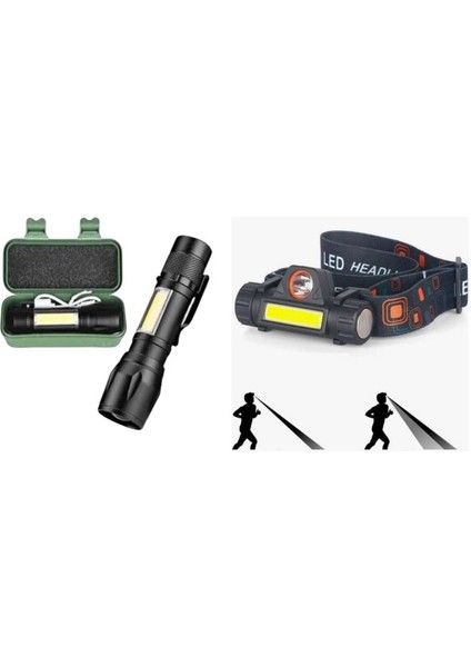 Şarjlı Mir Kafa Lambası + Cata 3W Ledli Şarjlı Polis El Feneri ( 2'li Set )