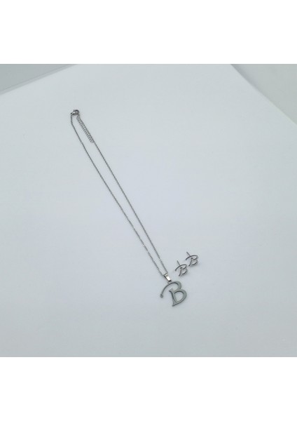 Çelik Silver B Harfi Kolye Küpe Seti