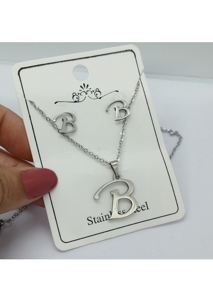 Çelik Silver B Harfi Kolye Küpe Seti modelleri