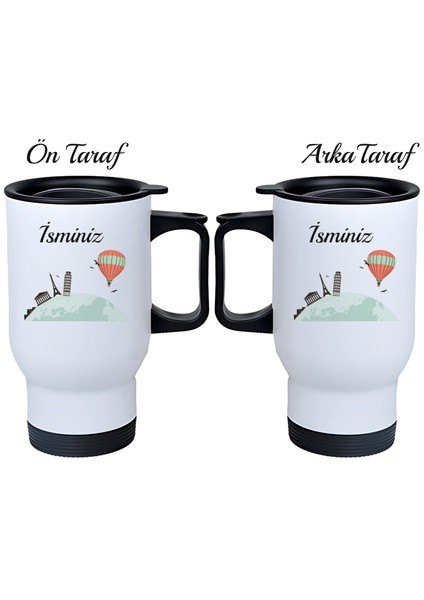 Kişiye Özel Kulplu Çelik Termos Bardak Seyahat Temalı
