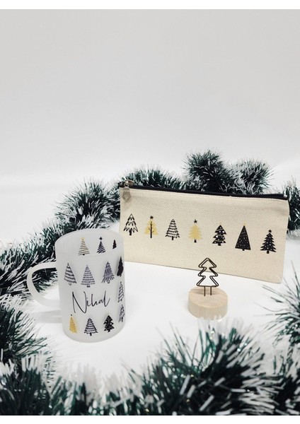 Isme Özel Kişiye Özel Çam Ağacı Temalı Çay Bardağı Çay Fincanı Kalemlik Not Kart Tutucu Hediye Seti