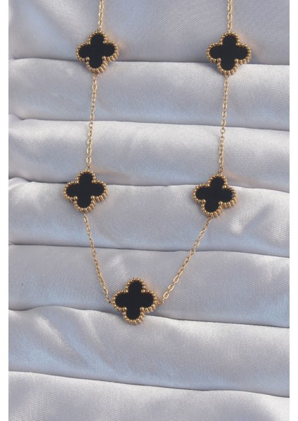 316L Çelik Gold Renk Siyah Mineli Yonca Kolye - Lisinya