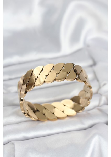 316L Çelik Gold Renk Ezme Zincir Model Kadın Kelepçe Bileklik - Lisinya