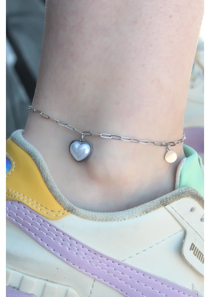 316L Çelik Gümüş Renk Kalp Model Kadın Halhal - Lisinya