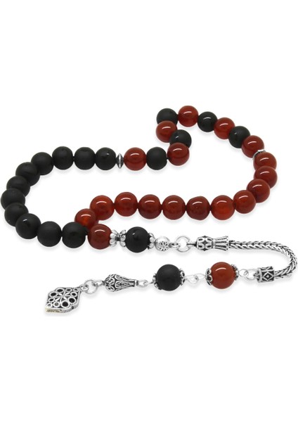 925 Ayar Gümüş Püsküllü Küre Kesim Kırmızı Siyah Ayyıldız Oniks Akik Doğaltaş Taraftar Tesbih