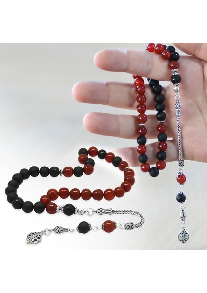 925 Ayar Gümüş Püsküllü Küre Kesim Kırmızı Siyah Ayyıldız Oniks Akik Doğaltaş Taraftar Tesbih fiyatları