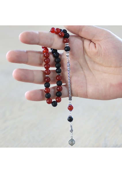 925 Ayar Gümüş Püsküllü Küre Kesim Kırmızı Siyah Ayyıldız Oniks Akik Doğaltaş Taraftar Tesbih fırsatları