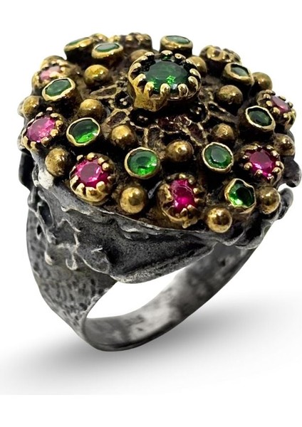 Otantik Doğal Yakut Zümrüt Taşlı Gümüş Vintage Kadın Yüzü