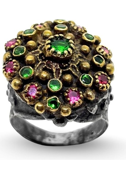 Otantik Doğal Yakut Zümrüt Taşlı Gümüş Vintage Kadın Yüzü fiyatları