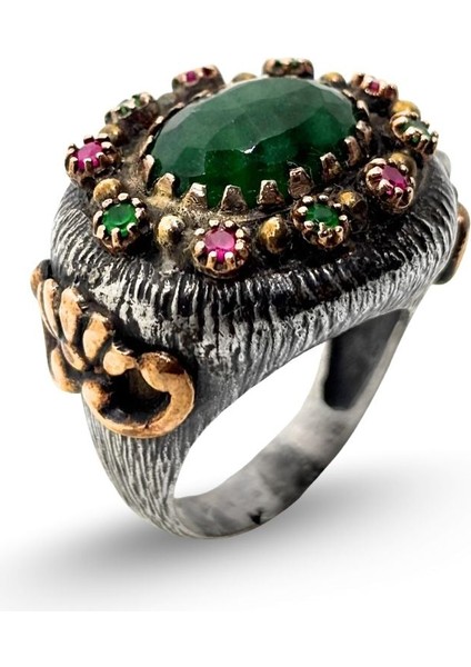 Otantik Oval Zümrüt Taşlı Gümüş Vintage Kadın Yüzük