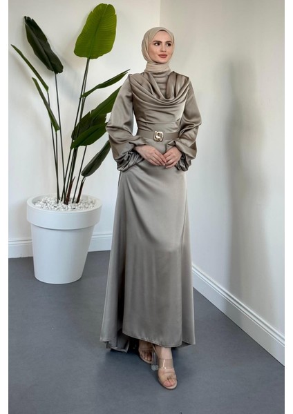 Merryna Kemerli Kuyruklu Saten Abiye Vizon