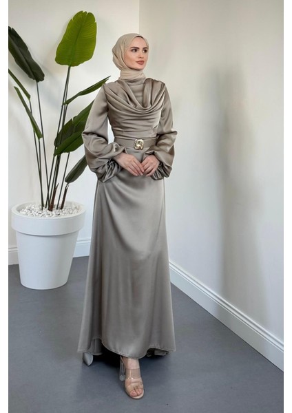 Merryna Kemerli Kuyruklu Saten Abiye Vizon fiyatları