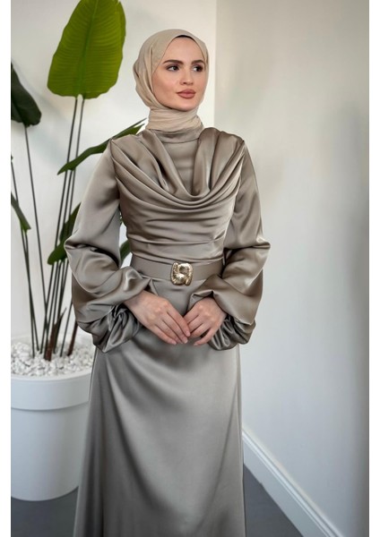 Merryna Kemerli Kuyruklu Saten Abiye Vizon modelleri