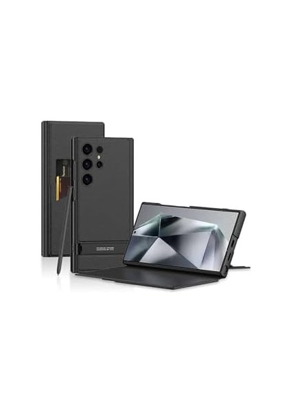 Galaxy S24 Ultra ile Uyumlu Deri Dokulu Folyo Kapaklı Kart Yuvalı Destek Çubuklu 360° Koruma Telefon Kılıfı – Siyah fiyatları