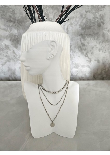 Vintage 3 Sıralı Gümüş Renk Kolye-Ürün Gümüş Rengidir