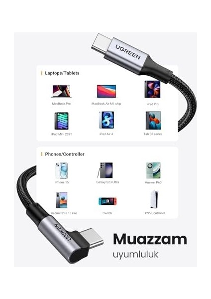 Type-C To Type-C 100 W 5A Örgülü 90 Derece Şarj Kablosu 1 Metre fiyatları