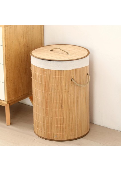 Ekolojik Bambu Çok Amaçlı Saklama Sepeti, Pamuk Bez Iç Astarlı, Kapaklı ve Halat Saplı Modern ve Minimalist Tasarım (Yuvarlak)