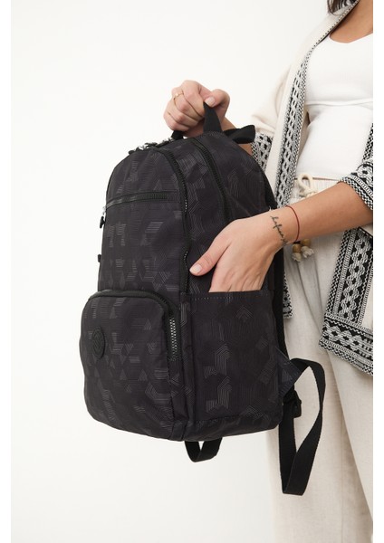 Sanmorris Glc Unisex Suya Dayanıklı Orta Boy Krinkıl Kumaş Çok Gözlü Siyah Laptop Okul ve Seyahat Sırt Çantası