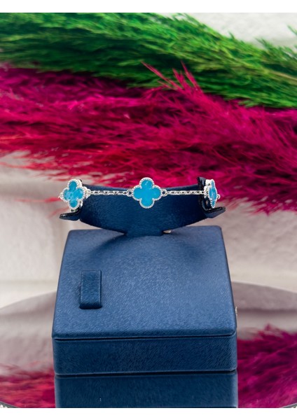 925 Ayar Gümüş 5’li Firuze Taşlı Yonca Desenli Popüler Kadın Bileklik fiyatları
