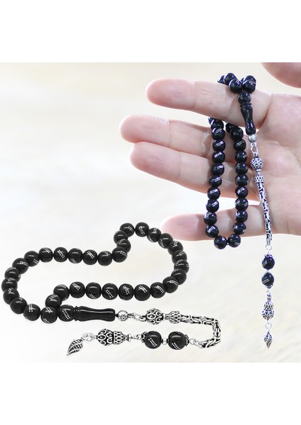 925 Ayar Gümüş Kral Zincir Püsküllü Gümüş Işlemeli Küre Kesim Rus Oltu Tesbih fiyatları