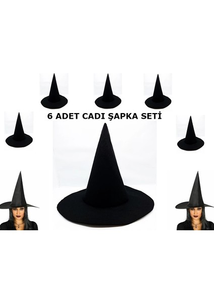 Siyah Cadı Şapkası Keçe Yetişkin Boy 6 Adet