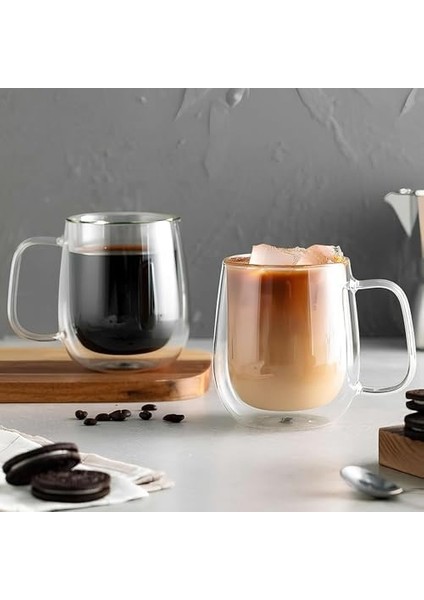Çift Cidarlı Cam Kupa Ev Ofis Fincanı Çift Katlı Isı Yalıtımlı Kulplu Cam (2 Adet Helsinki 250 Ml) modelleri