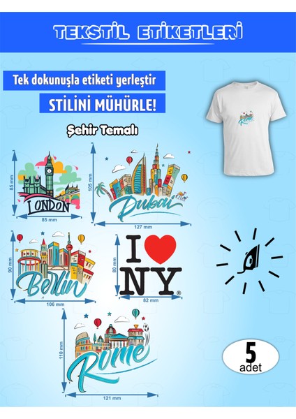 Ütü ile Yapışan Kıyafet Etiketi Şehir Temalı 5li Set