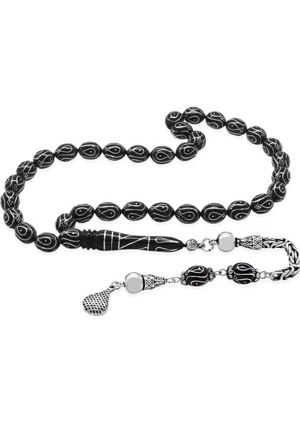 925 Ayar Gümüş Kral Zincir Püsküllü Gümüş Işlemeli Arpa Kesim Erzurum Oltu Taşı Tesbih