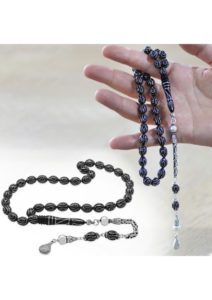 925 Ayar Gümüş Kral Zincir Püsküllü Gümüş Işlemeli Arpa Kesim Erzurum Oltu Taşı Tesbih fiyatları