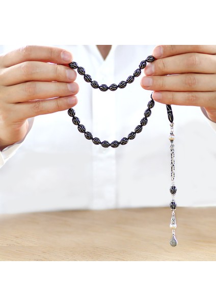 925 Ayar Gümüş Kral Zincir Püsküllü Gümüş Işlemeli Arpa Kesim Erzurum Oltu Taşı Tesbih modelleri