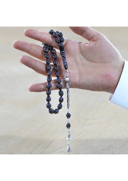 925 Ayar Gümüş Kral Zincir Püsküllü Gümüş Işlemeli Arpa Kesim Erzurum Oltu Taşı Tesbih fırsatları