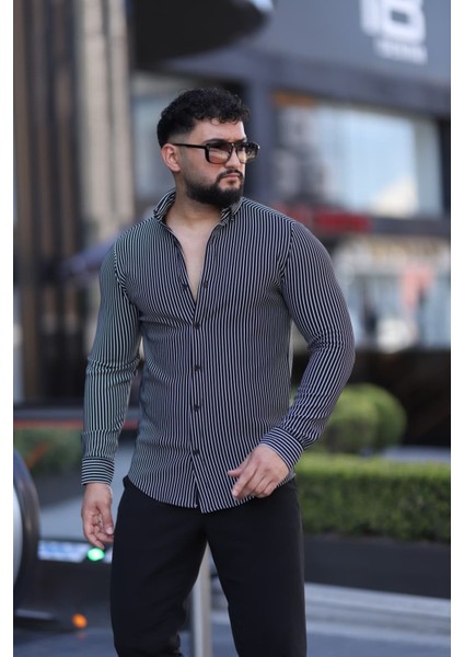 Siyah Beyaz Çizgili Slim Fit Uzun Kol Erkek Gömlek - Modern Şık Stil