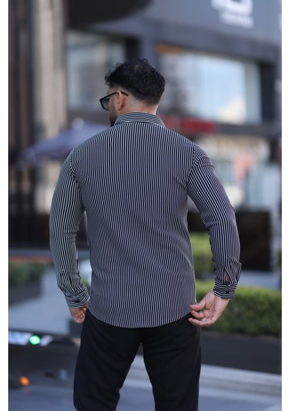 Siyah Beyaz Çizgili Slim Fit Uzun Kol Erkek Gömlek - Modern Şık Stil fiyatları