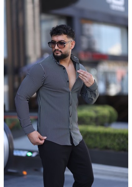 Siyah Beyaz Çizgili Slim Fit Uzun Kol Erkek Gömlek - Modern Şık Stil modelleri