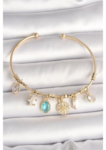 Pirinç Gold Renk Sallantı Zirkon Taş Detaylı Pusula Figür Charm Kadın Bileklik - Lisinya
