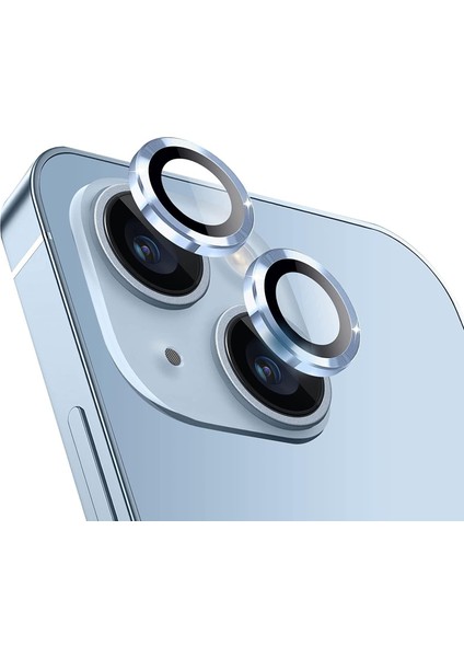 Iphone 14-14 ile Uyumlu Alaşım Çerçeveli Tempered Glass Kamera Lens Kırılmaz Cam (Sierra Mavi)