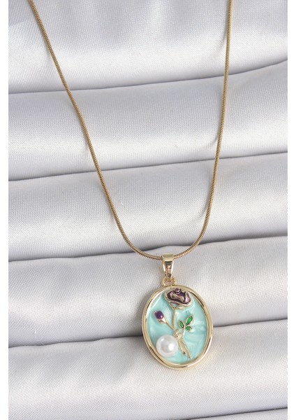316L Çelik Gold Renk Zincir Mavi Çiçek Işlemeli Inci Detay Portre Model Kadın Kolye - Lisinya