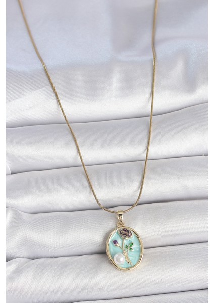 316L Çelik Gold Renk Zincir Mavi Çiçek Işlemeli Inci Detay Portre Model Kadın Kolye - Lisinya fiyatları