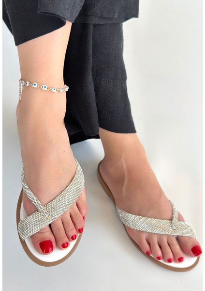 Eday Gümüş Boncuk Işlemeli Terlik - Lisinya